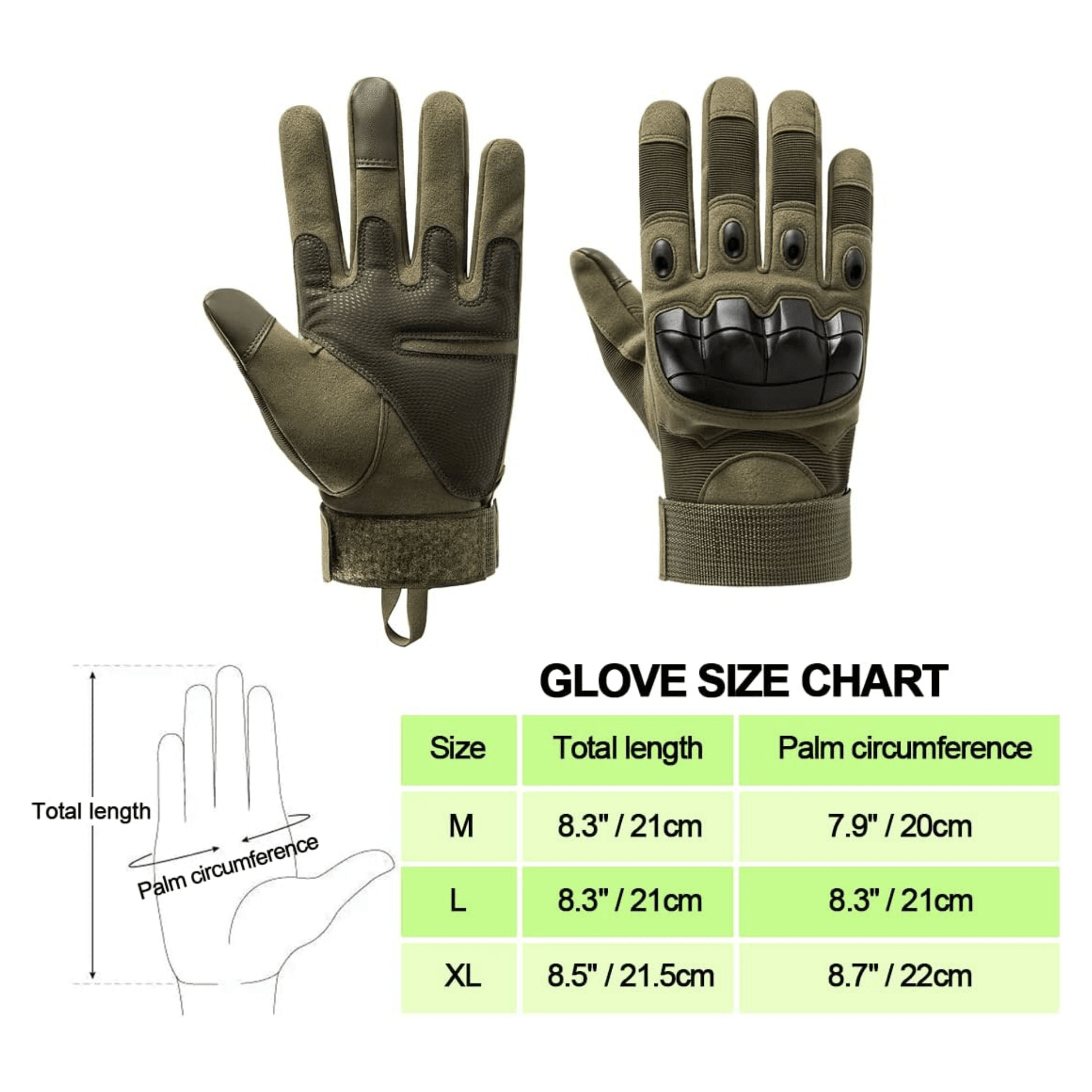 Dark green tactical gloves with knuckle protection and padded fingertips