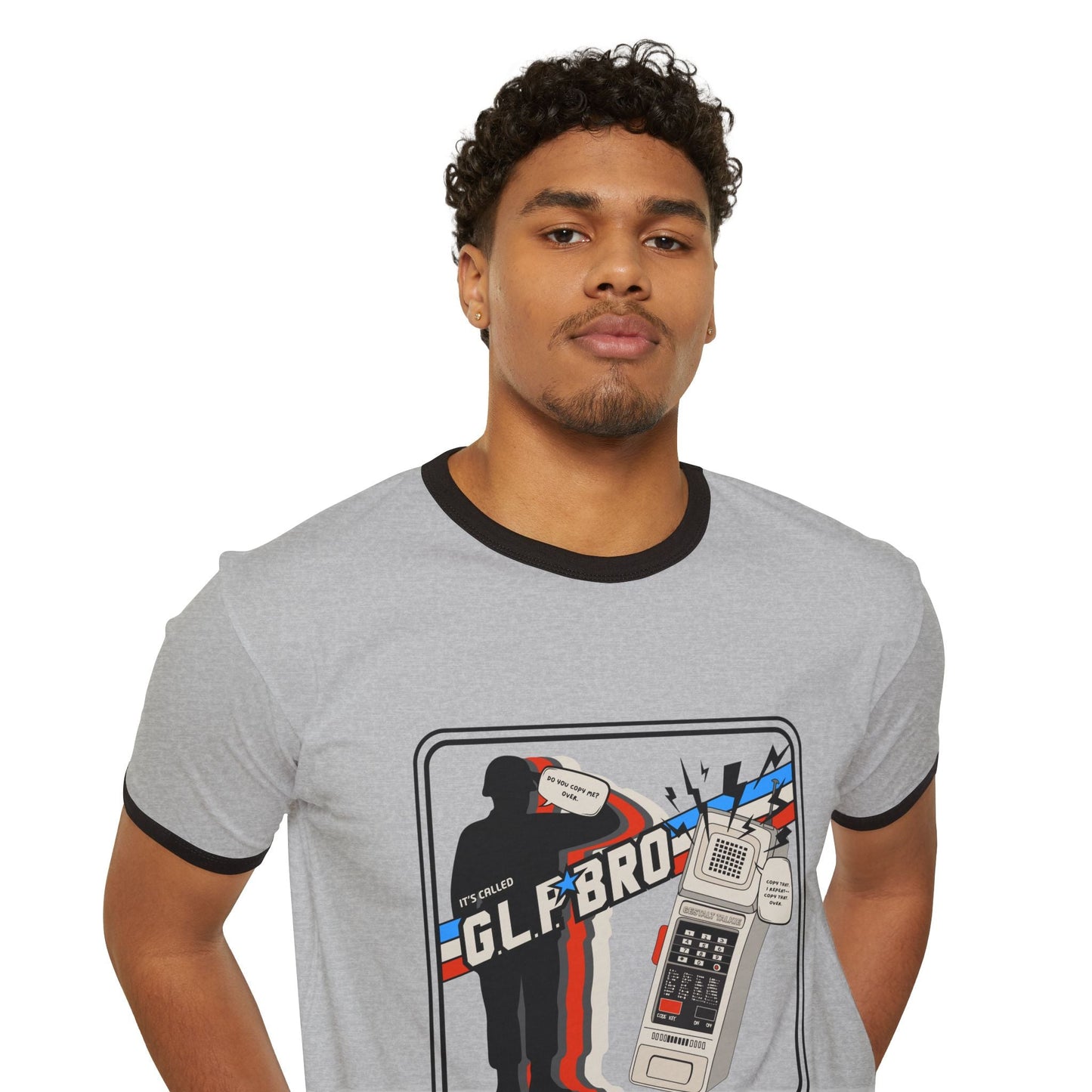 Heather gray adult unisex cotton ringer T-shirt with black trim; close view of front graphic.
