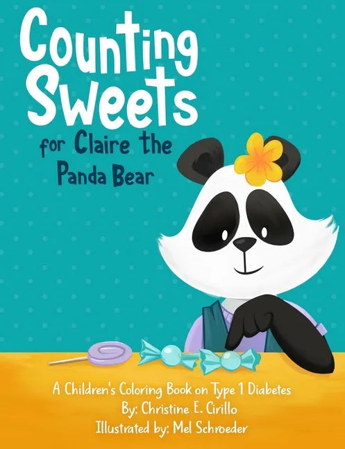 Children's coloring book cover with panda bear and flower, title Counting Sweets.