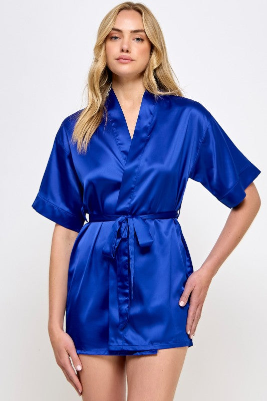 Blue satin robe with V-neck and tied waist belt, short sleeves, front view