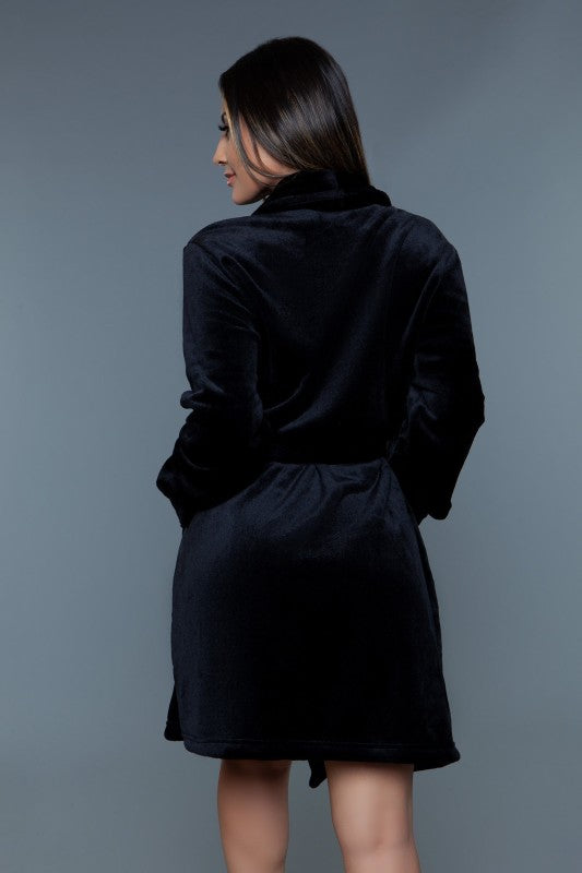 Kaylee robe in dark fabric with shawl collar, tie belt, long sleeves, back view