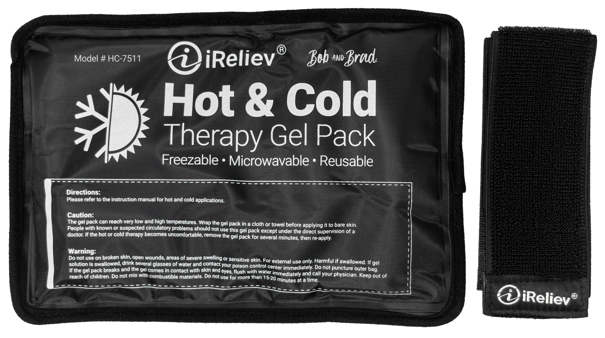 Black iReliev Hot & Cold Therapy Gel Pack with strap, front label and model info