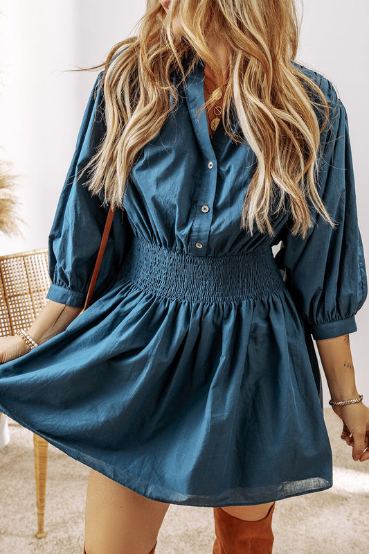 Prussian blue shirred high-waist button-front dress with 3/4 puff sleeves