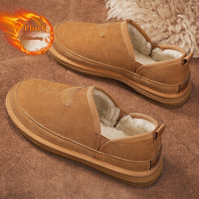 Khaki suede snow boots with fleece lining, round toe, and flat textured outsole