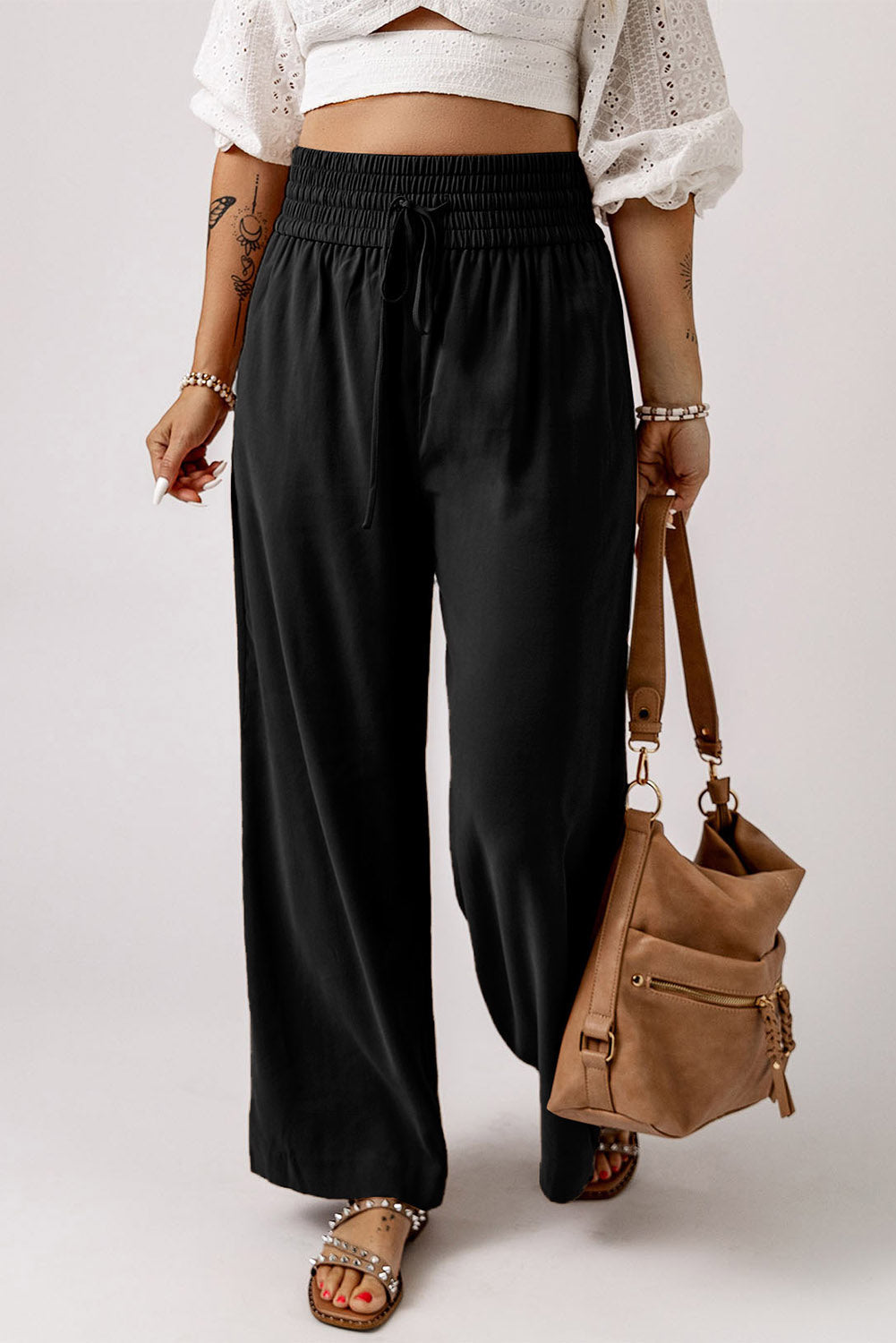 Black wide-leg casual pants with elastic waist and drawstring tie
