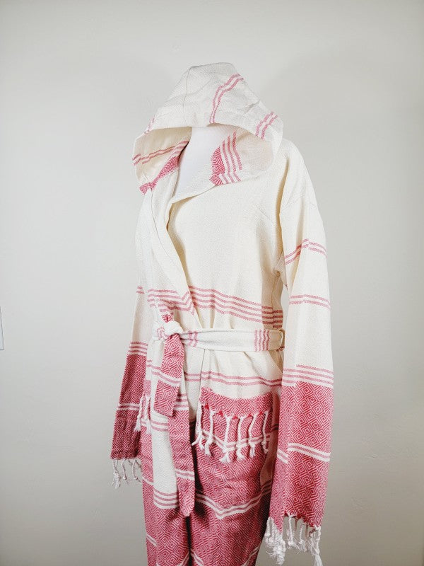 Unisex hooded robe, side view, white with pink-red patterned panels