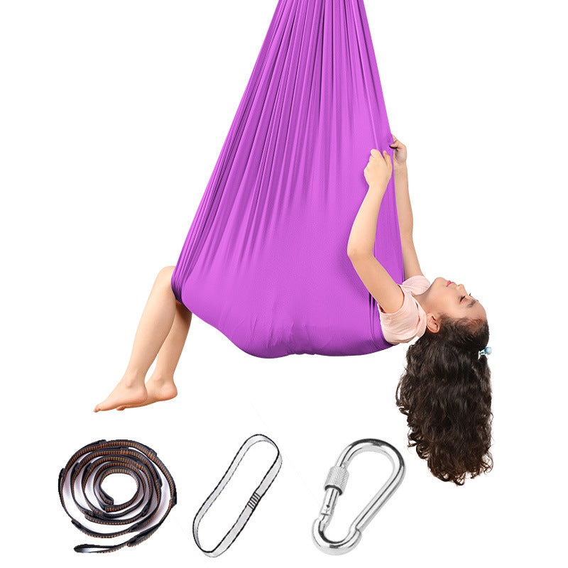 Hanging hammock swing chair in dark purple with included rope, straps, and carabiners.