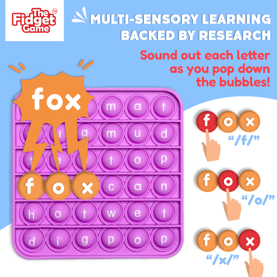 Purple CVC fidget mat with round letter bubbles arranged in a grid