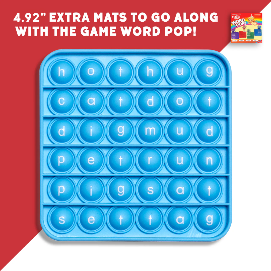 Blue CVC fidget mat with round letter bubbles arranged in rows