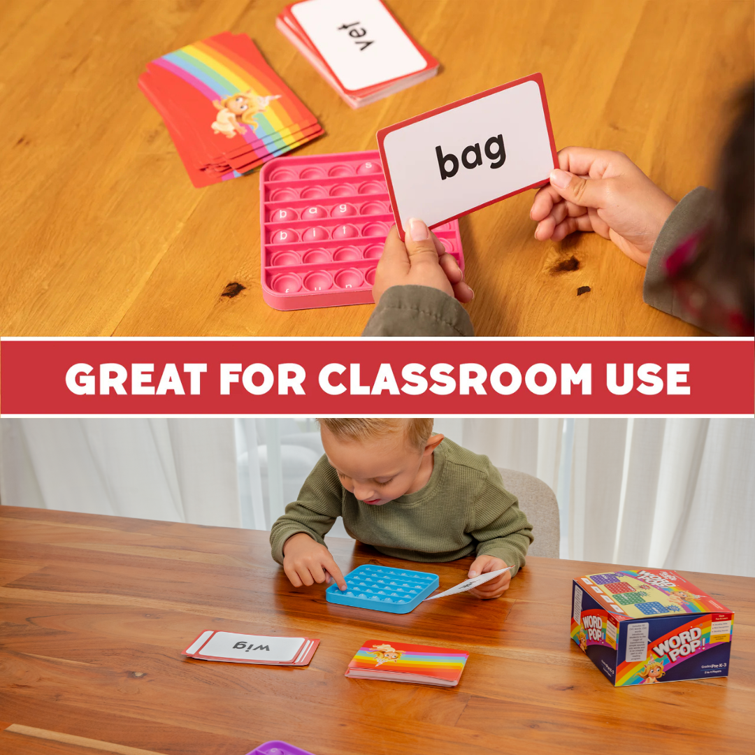 Pink CVC fidget mat with round letter bubbles on a tabletop