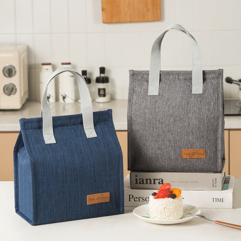 Insulated lunch bags in blue and dark gray, vertical large-capacity style with carry handles