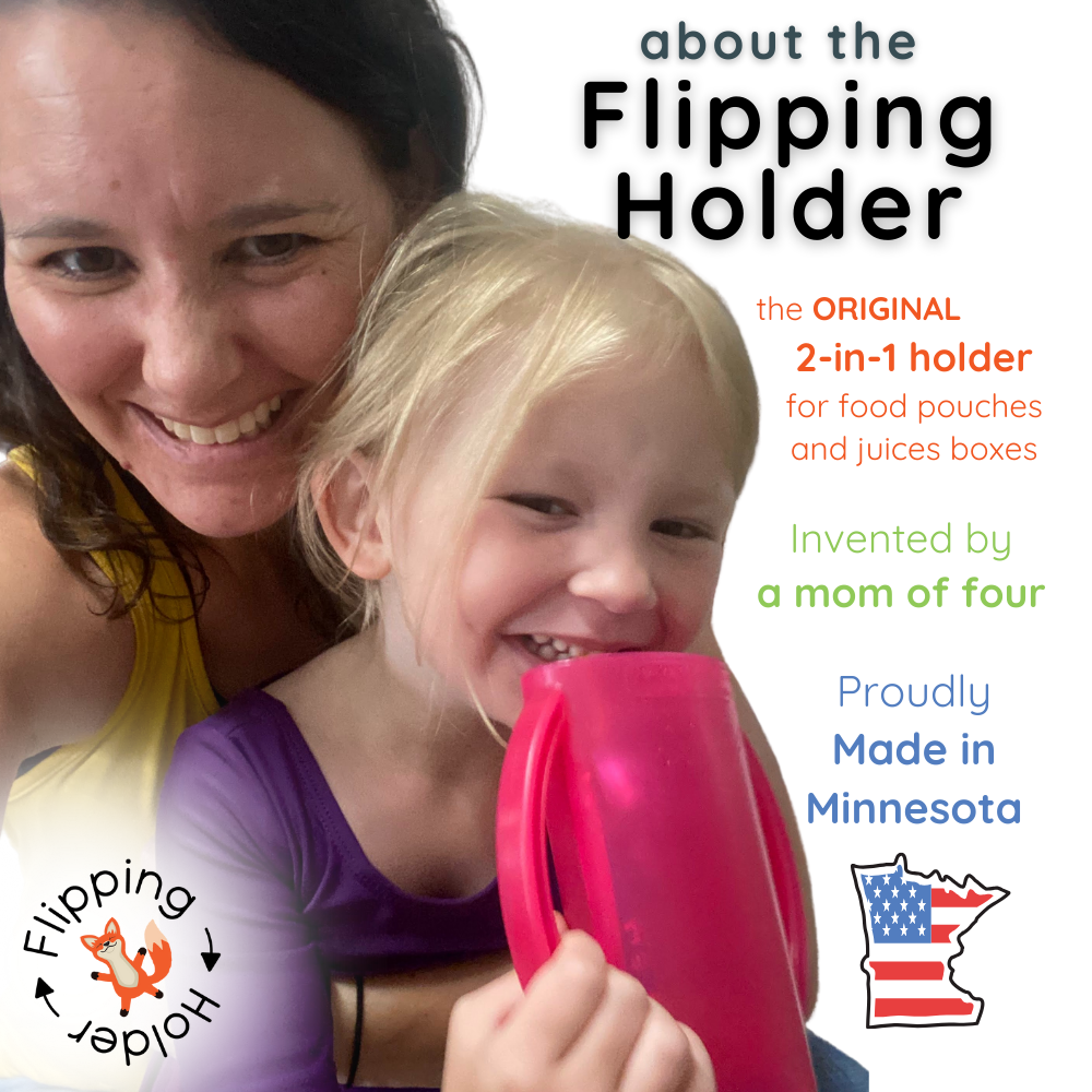 Pink flipping holder with curved handle held by a smiling child