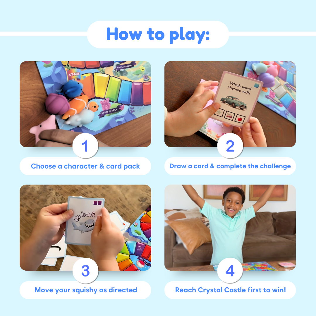 Squishyland gameplay steps with cards and a colorful game board layout