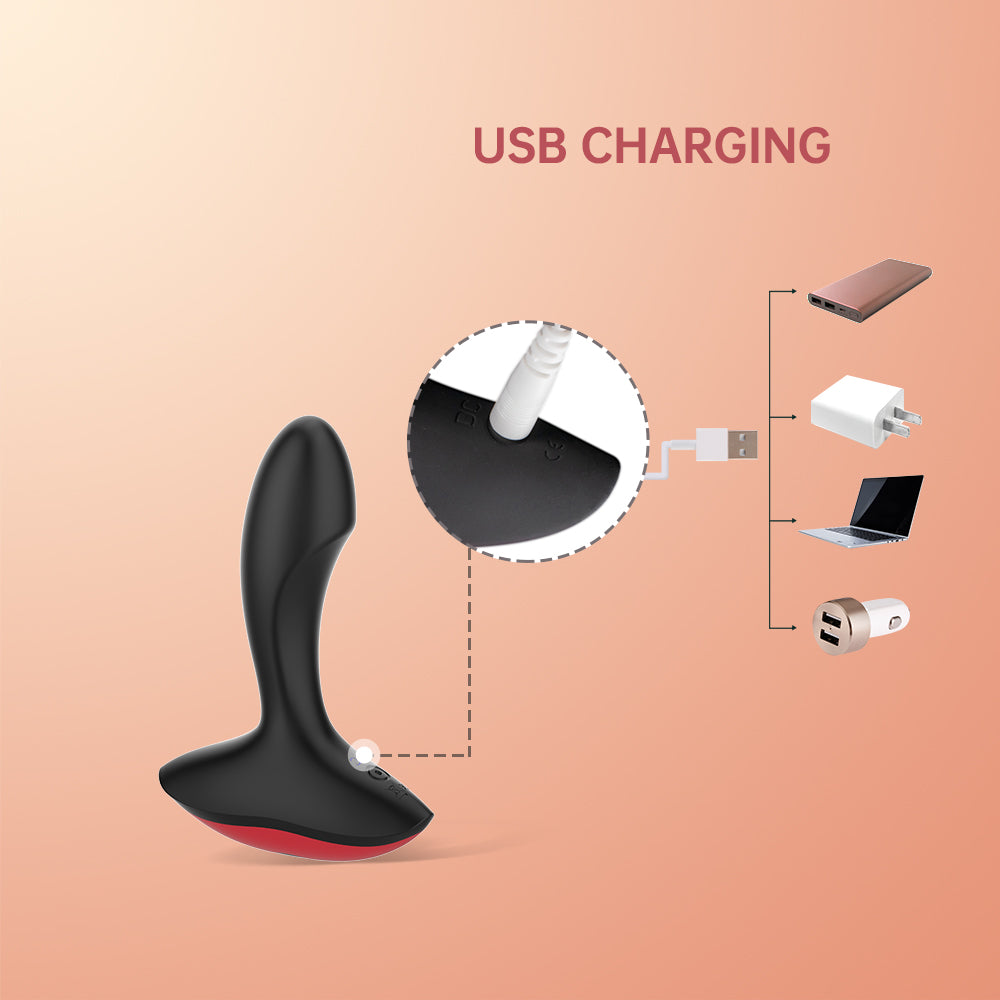 USB charging setup for black silicone anal massager with red underside accent