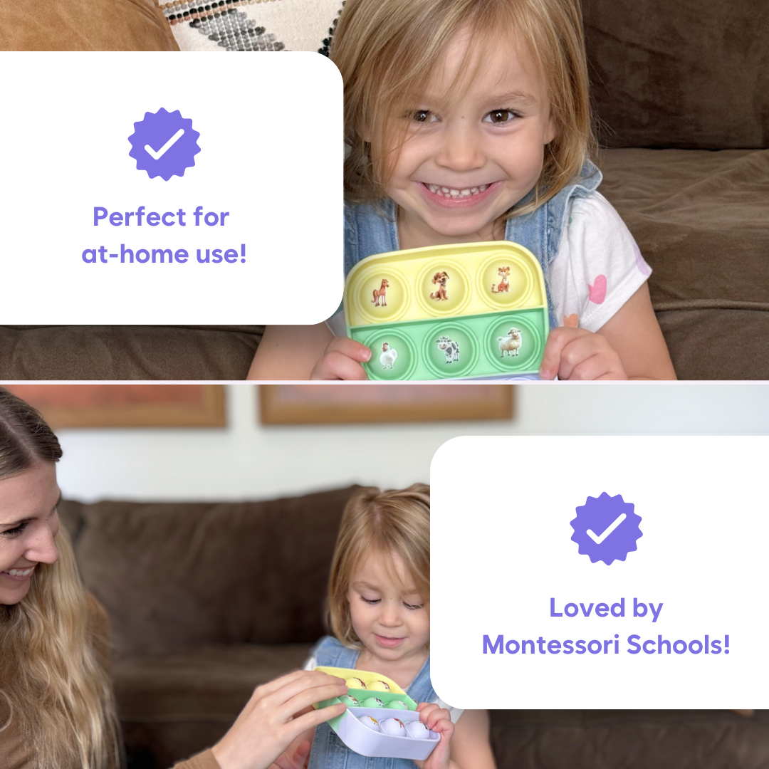 Child holding a Popplers Farm & Food fidget mat for play