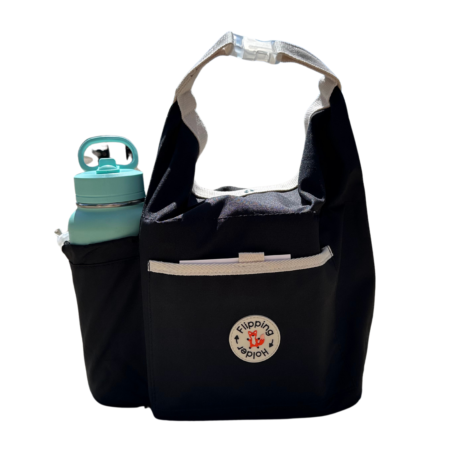 Black thermal tote bag with front bottle pocket and wide top opening