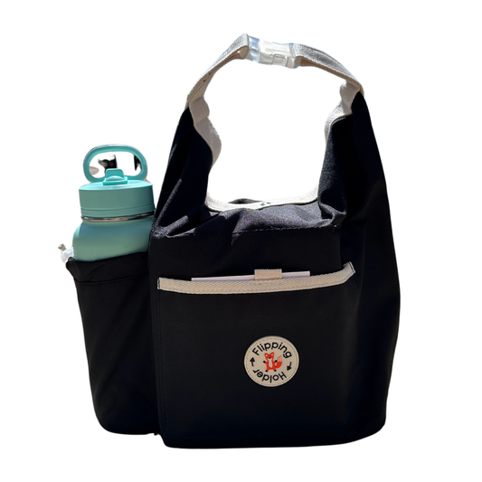 Black thermal tote bag with front bottle pocket and wide top opening