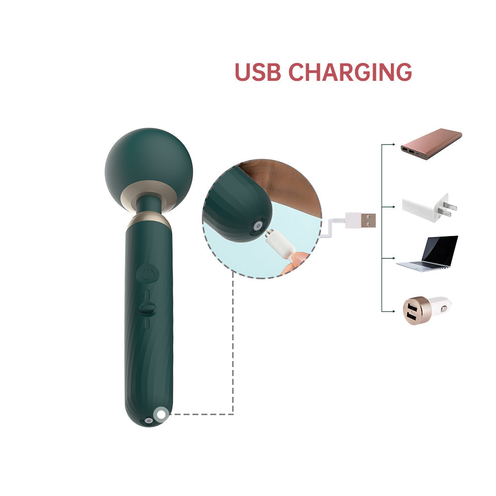 USB-charging app-controlled massage wand with dark teal body and round head