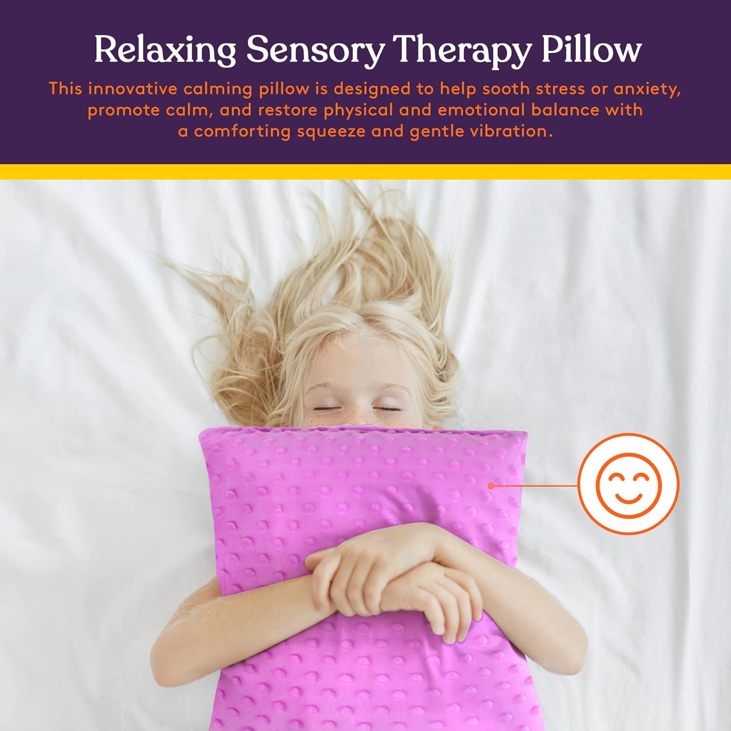 Purple sensory therapy pillow with textured dot plush cover