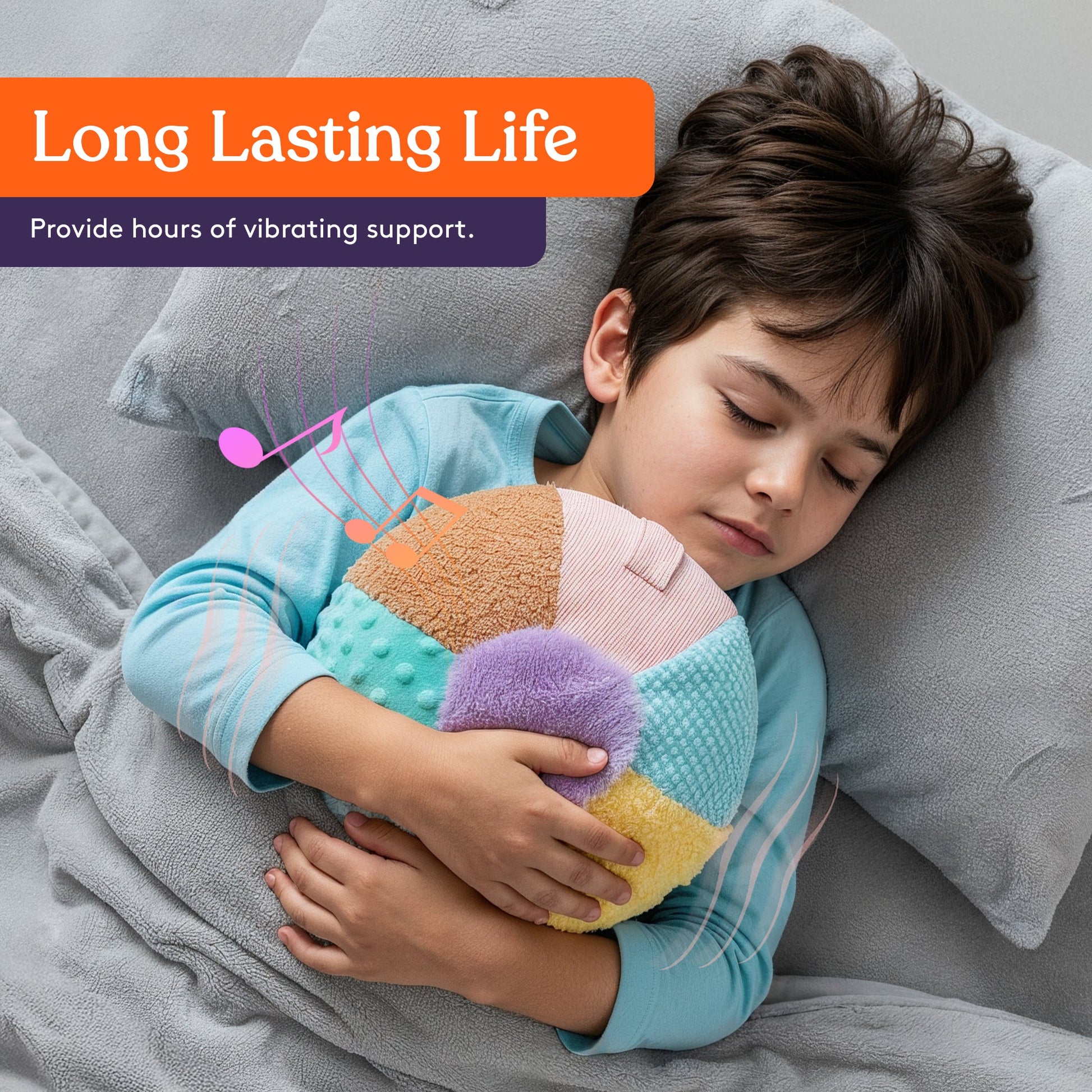 Sensory vibrating weighted pillow held close by child while lying on couch