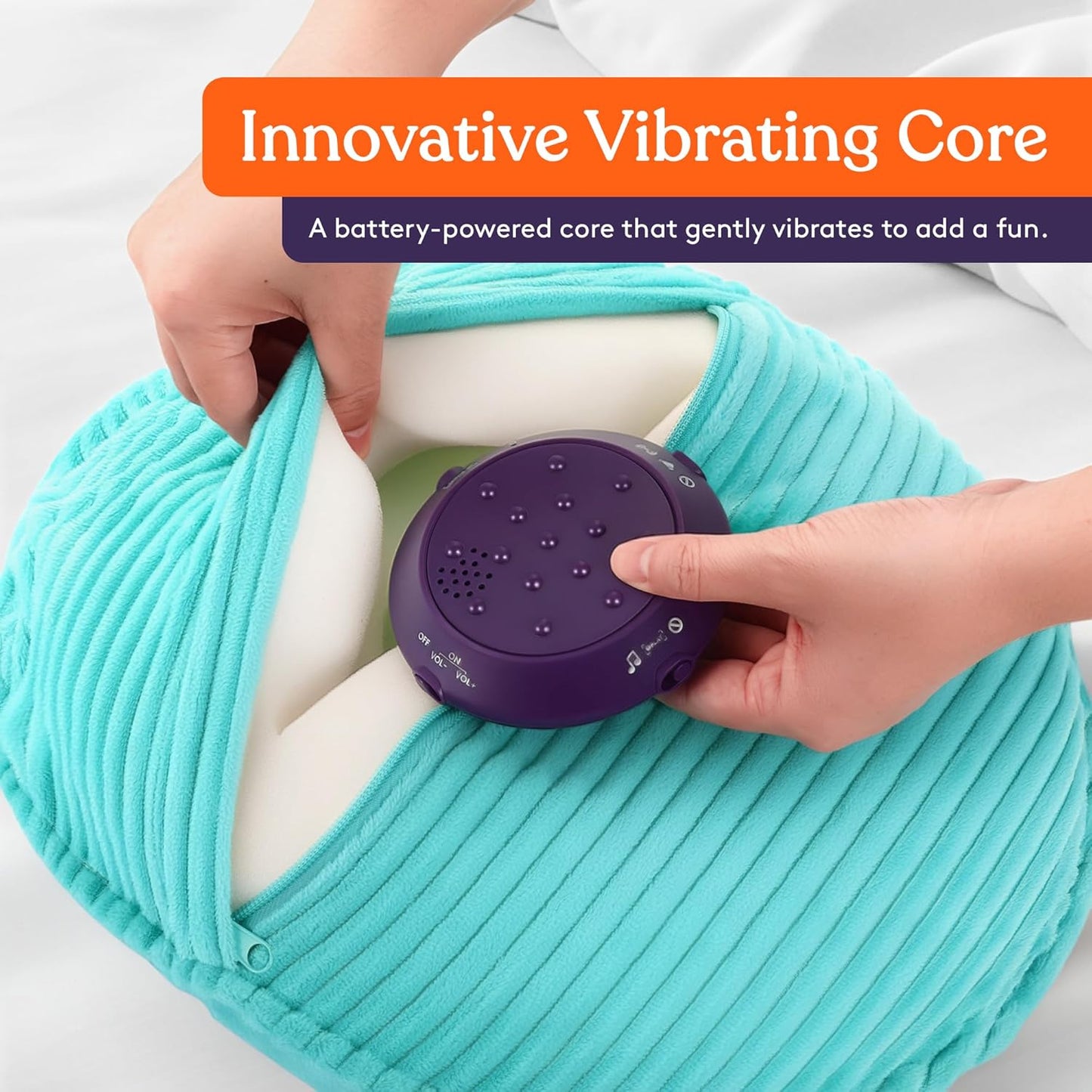Teal textured plush pillow opened to show a purple vibrating core controller inside.