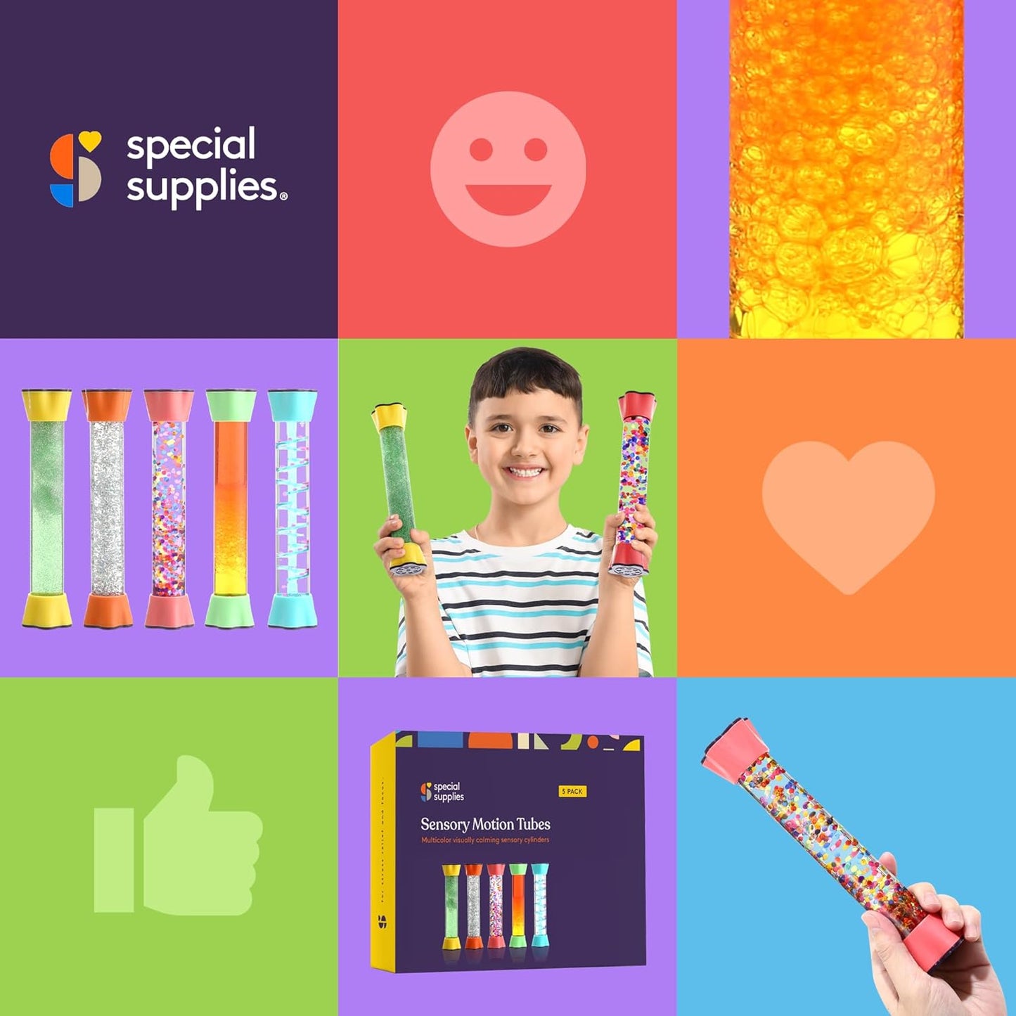 Two sensory motion tubes with green glitter and multicolor confetti bubbles, held upright