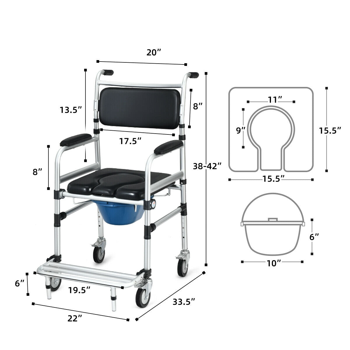 2-in-1 shower commode wheelchair dimensions with seat, bucket cutout, and overall size