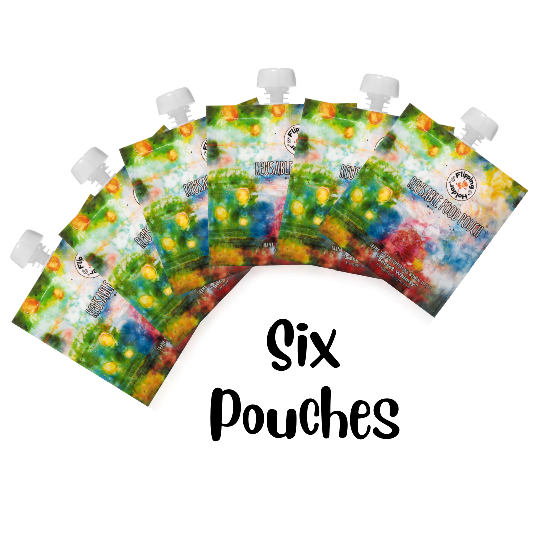 Six reusable food pouches with white caps, colorful watercolor prints