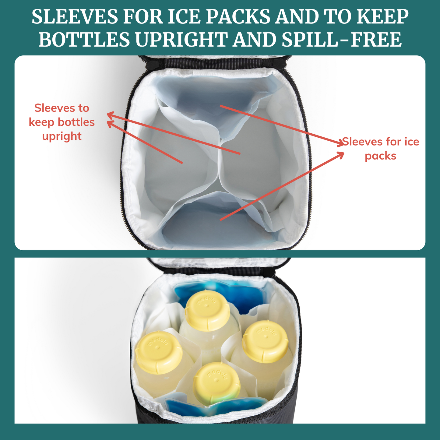Roxwell breastmilk cooler bag open with sleeves for ice packs and upright bottles