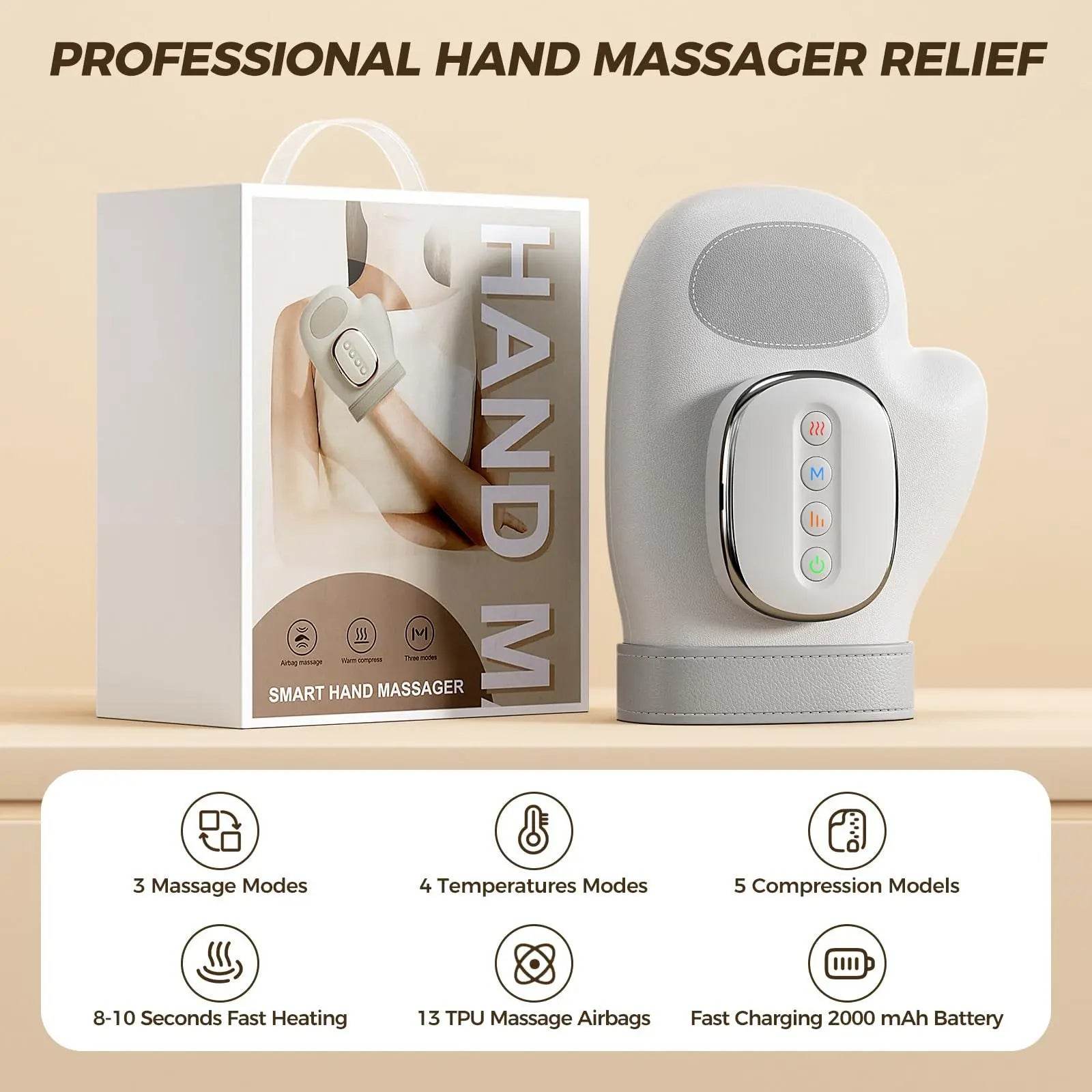 Light gray hand massager standing with product box and mode features icons shown