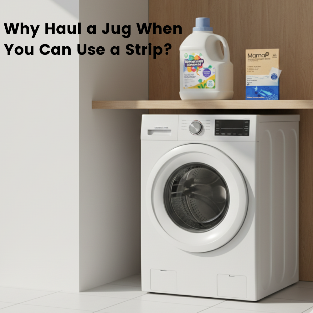 Laundry detergent sheets pack next to washing machine and white detergent jug