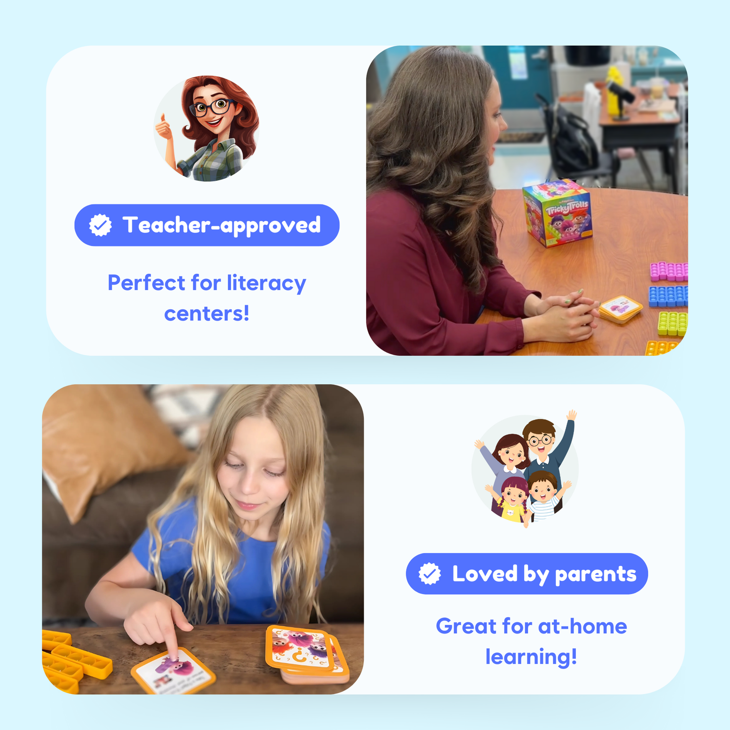 Teacher and child using phonics word cards and colorful letter tiles at a table