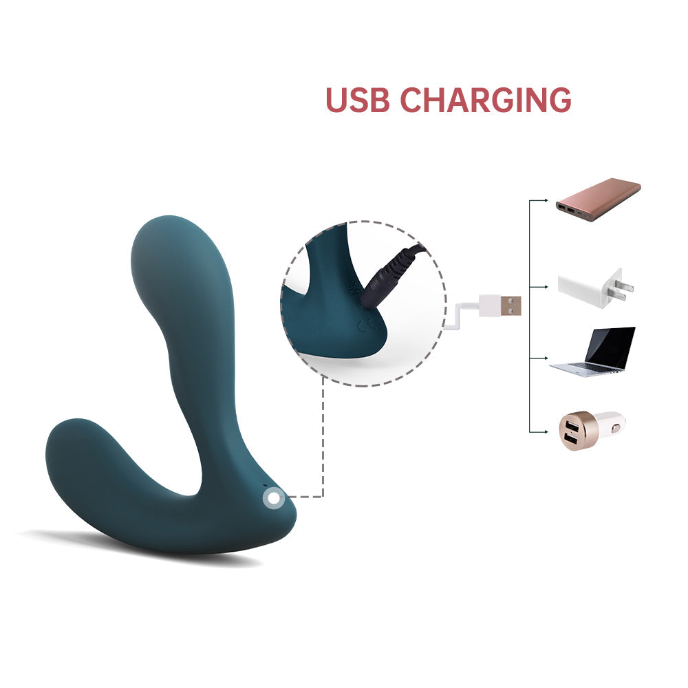 Teal silicone prostate massager with USB charging cable connection shown.