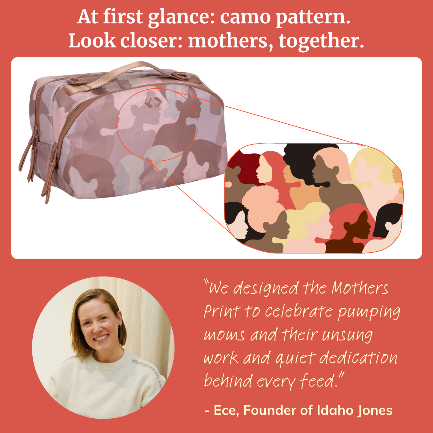 Pink camouflage breast pump cooler bag pattern close-up with tan strap hardware.