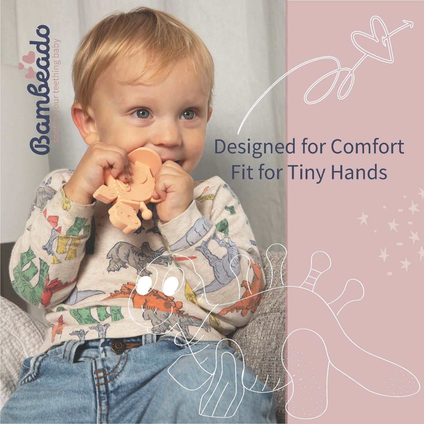 Child holding a toy with 'Bambbeado' branding and text about comfort fit for tiny hands.