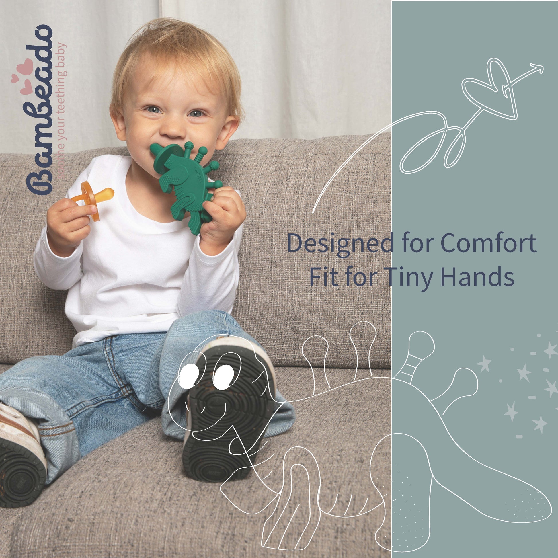Child holding a green dinosaur-shaped teether with 'Bambbeado' branding, sitting on a couch.