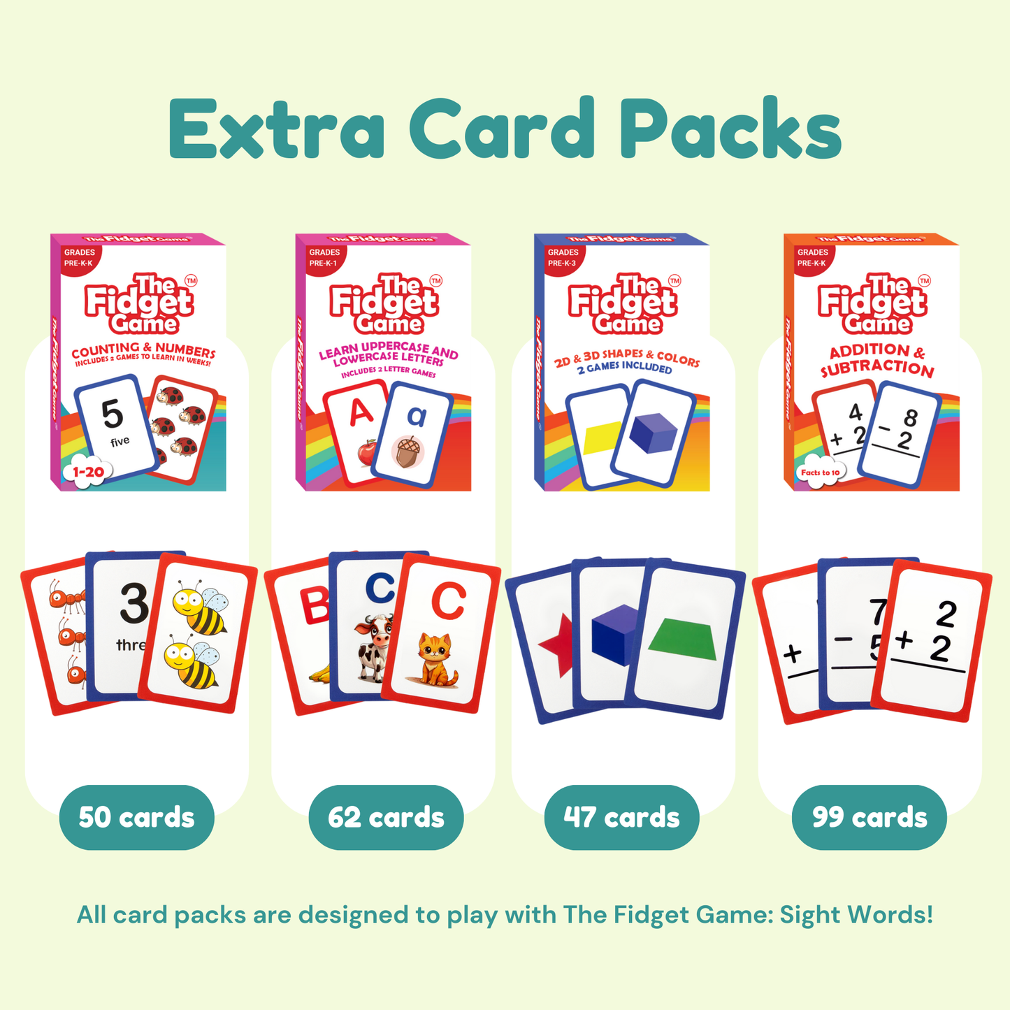 Extra card packs for the fidget game bundle with multiple numbered card sets
