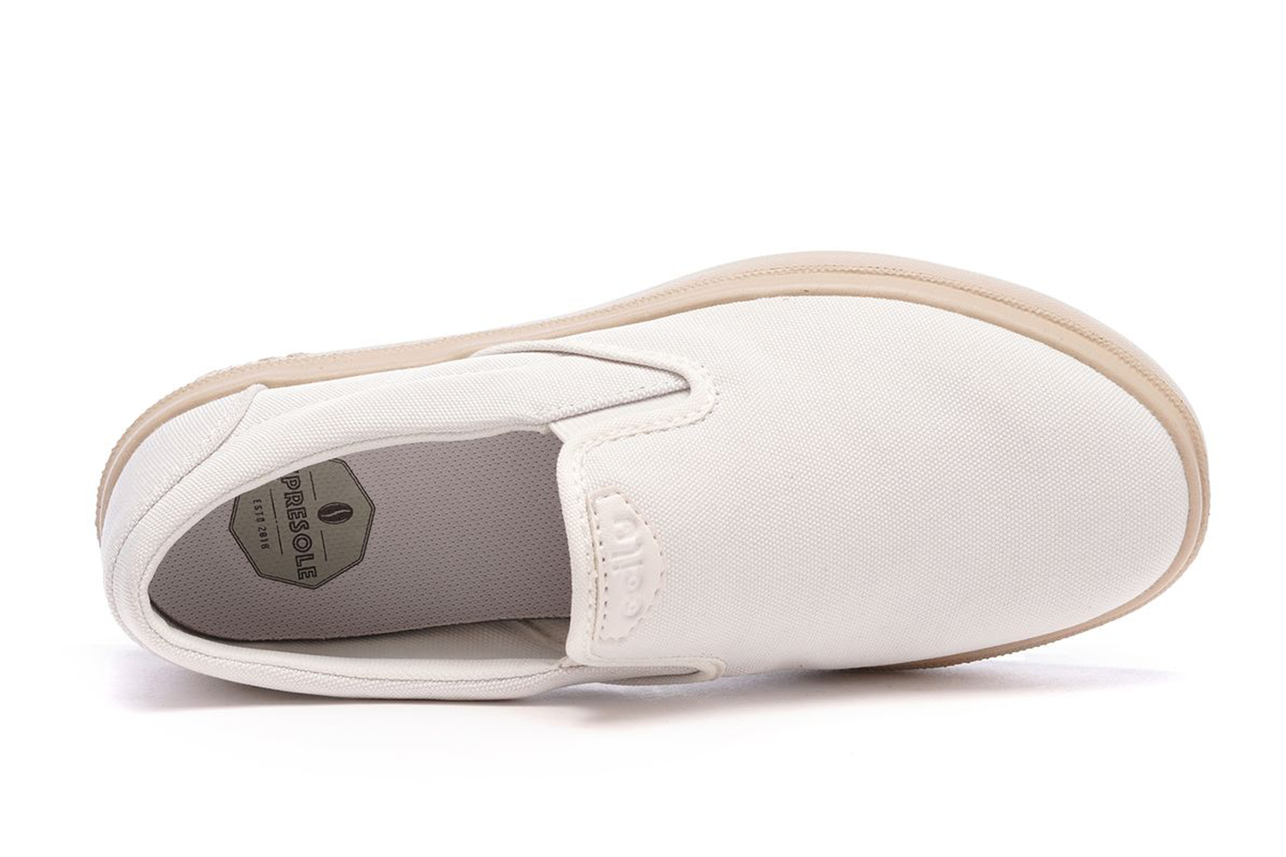XPRESOLE Cody men's white slip-on shoes, showing interior and stitching