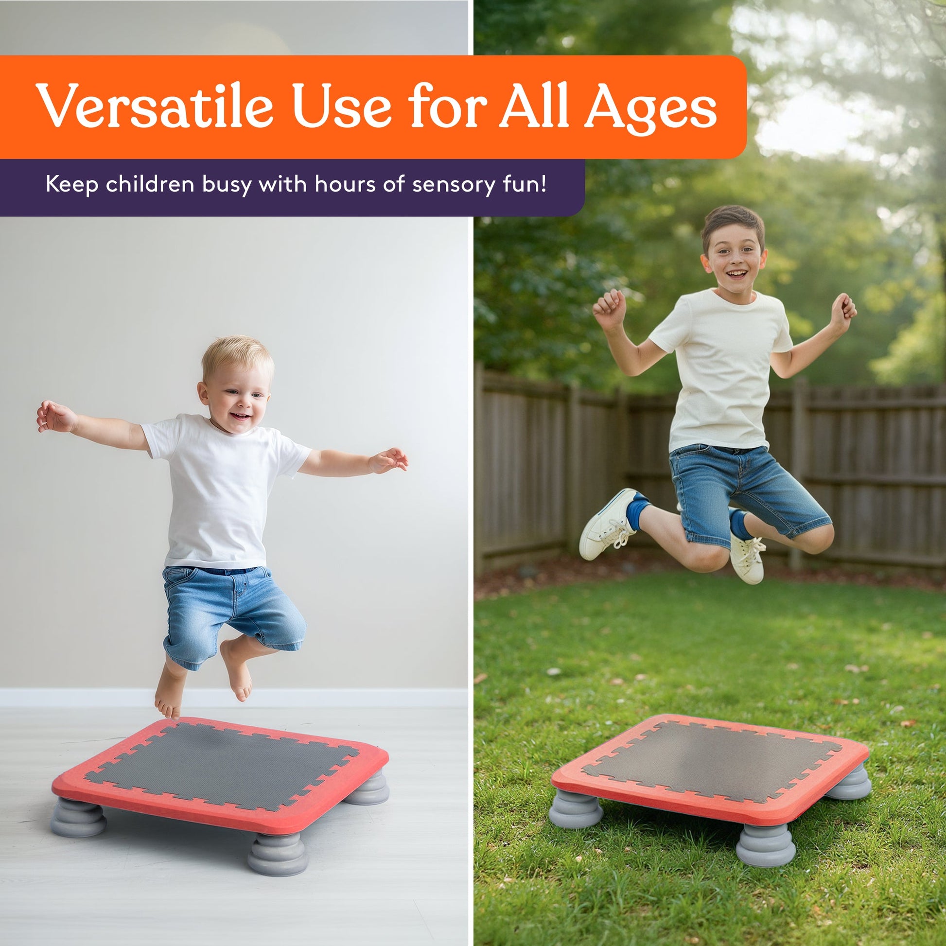 Red kids trampoline rebounder board with gray interlocking top and four gray spring bases