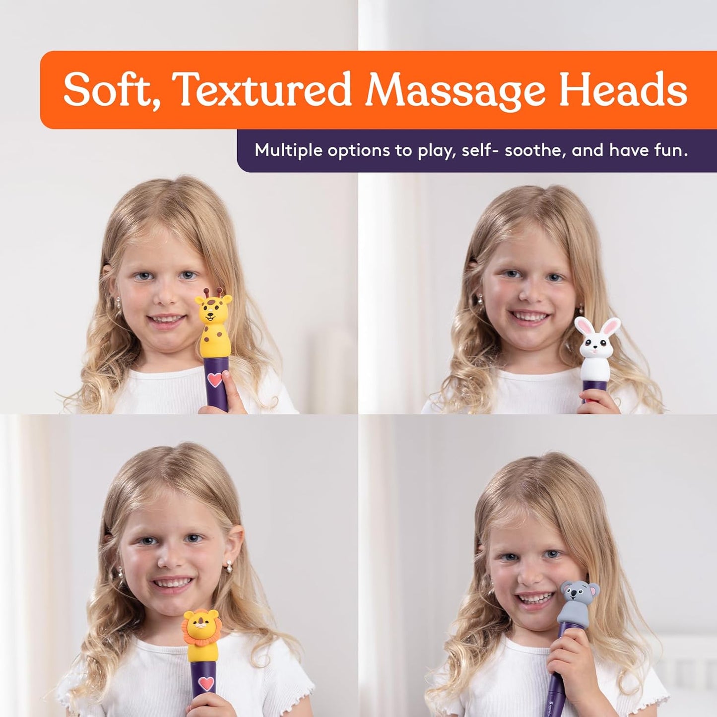 Soft textured animal massage heads for a purple oral massager, multiple options shown