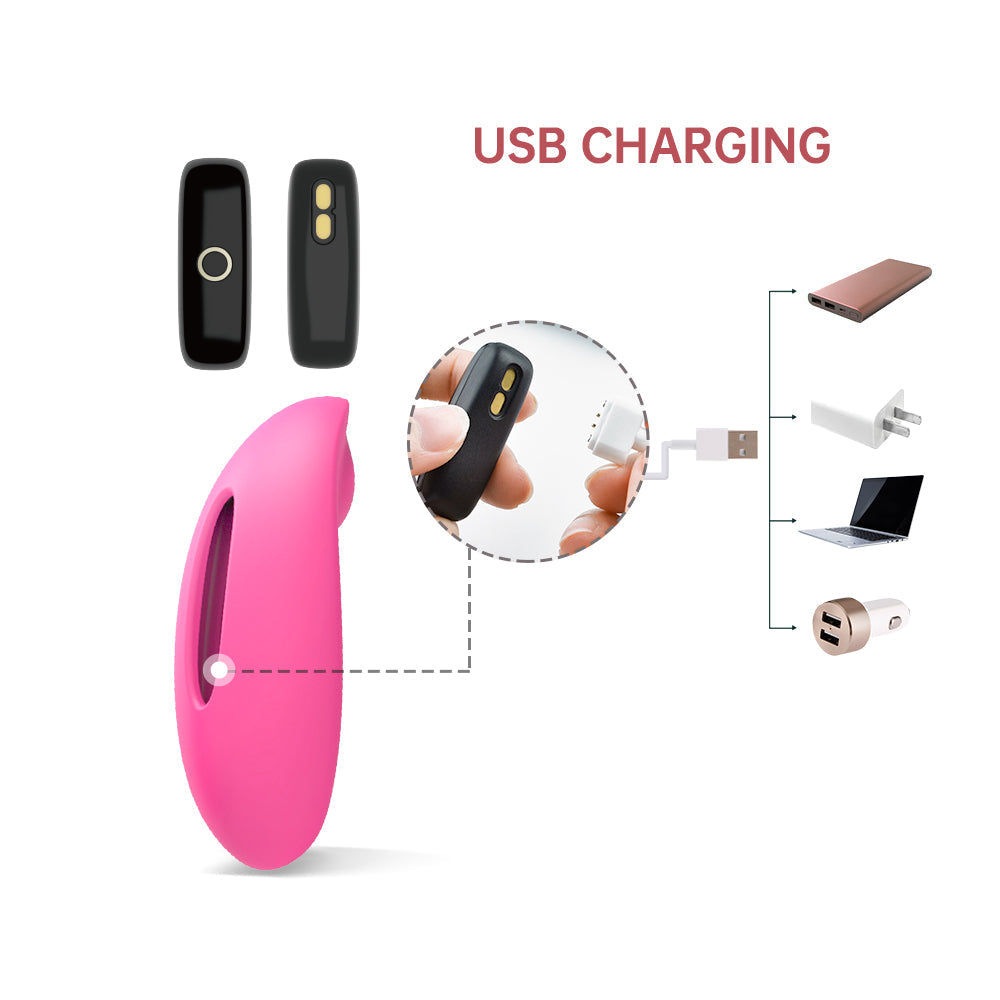 Pink silicone personal massager with USB charging shown and small remote-like controls