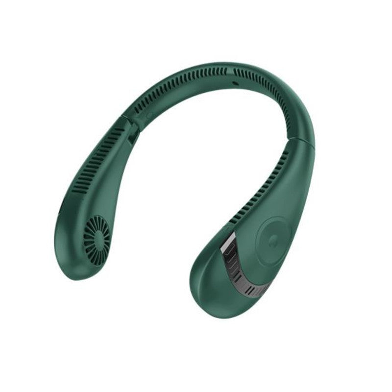 Green neck-hanging portable bladeless fan with side air vents and control buttons