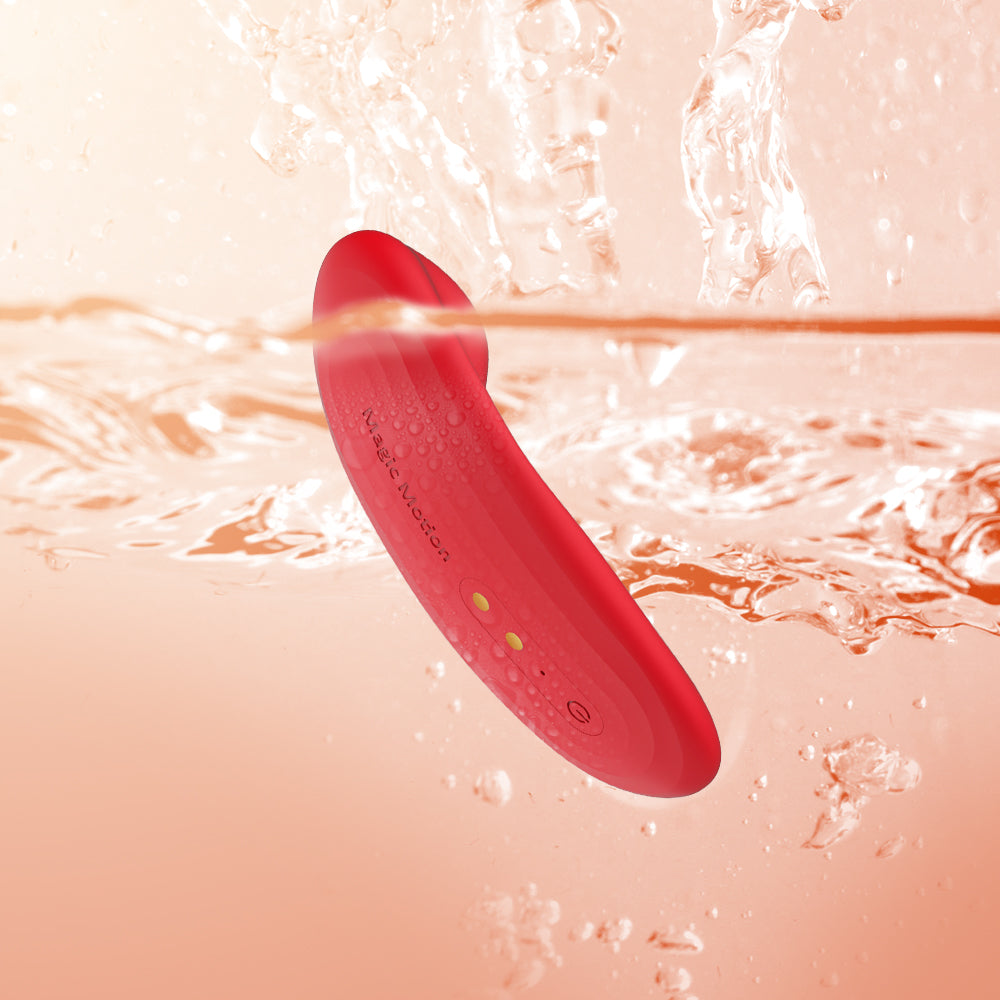 Red oval smart vibrator with water droplets for splash-ready design