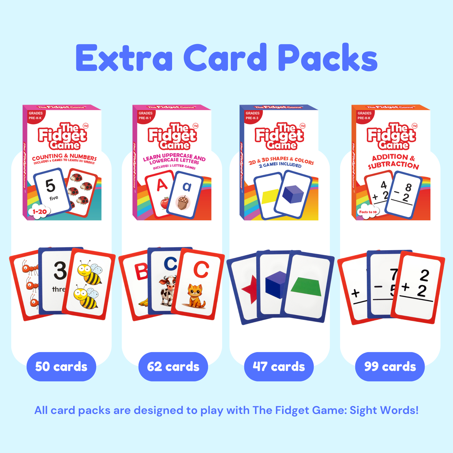 Pre-K extra card packs set with multiple learning card decks for different skills