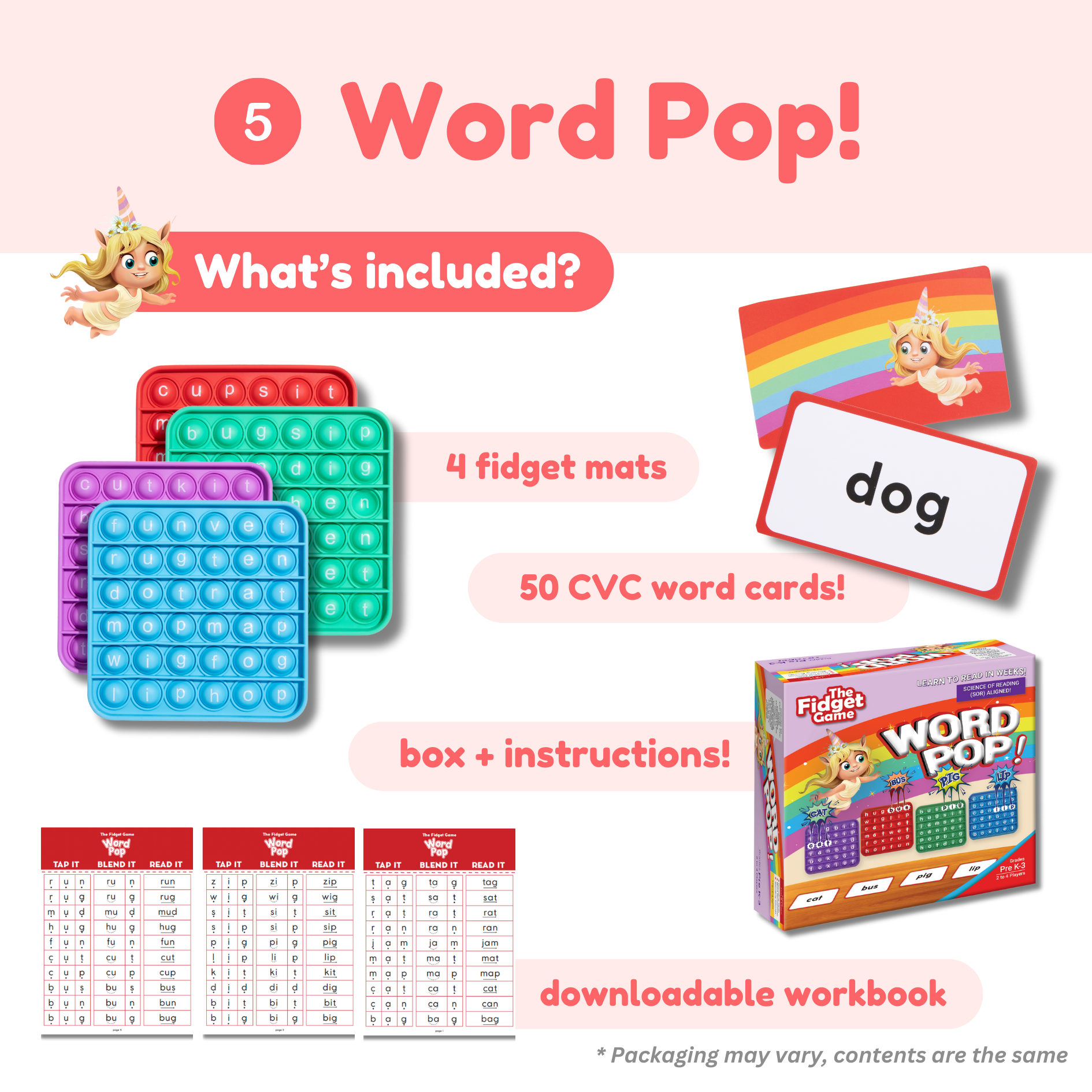 Word-learning game set with pop-it mats, word cards, and instruction booklet