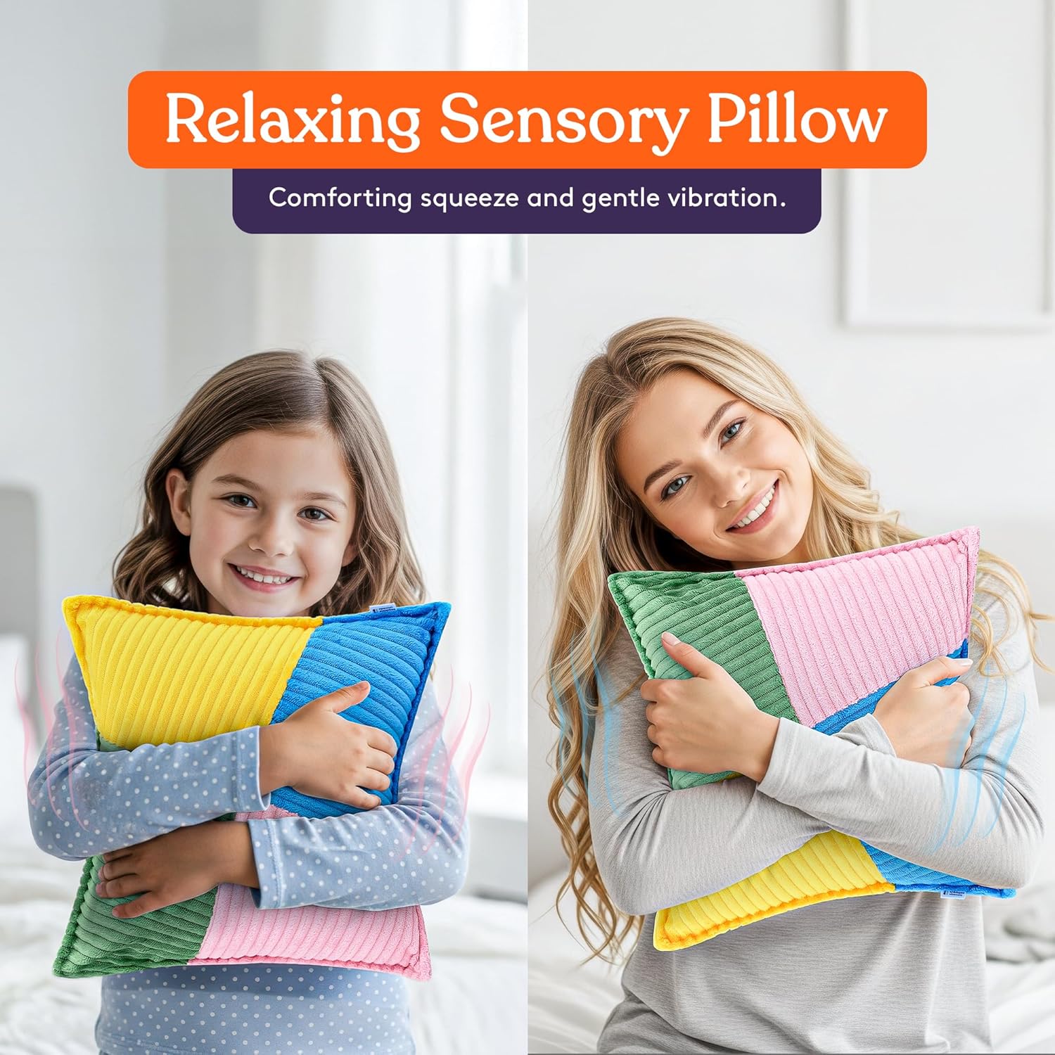 Rainbow striped plush sensory vibrating pillow hugged by two people