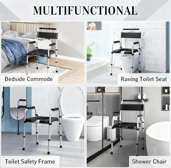 Adjustable commode chair with black backrest, armrests, and removable blue bucket