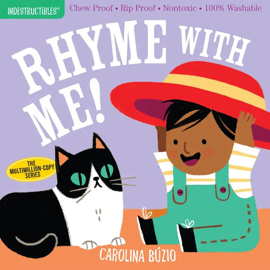 Chew-proof rhyme book cover with smiling child, black cat, and big 'RHYME WITH ME!'