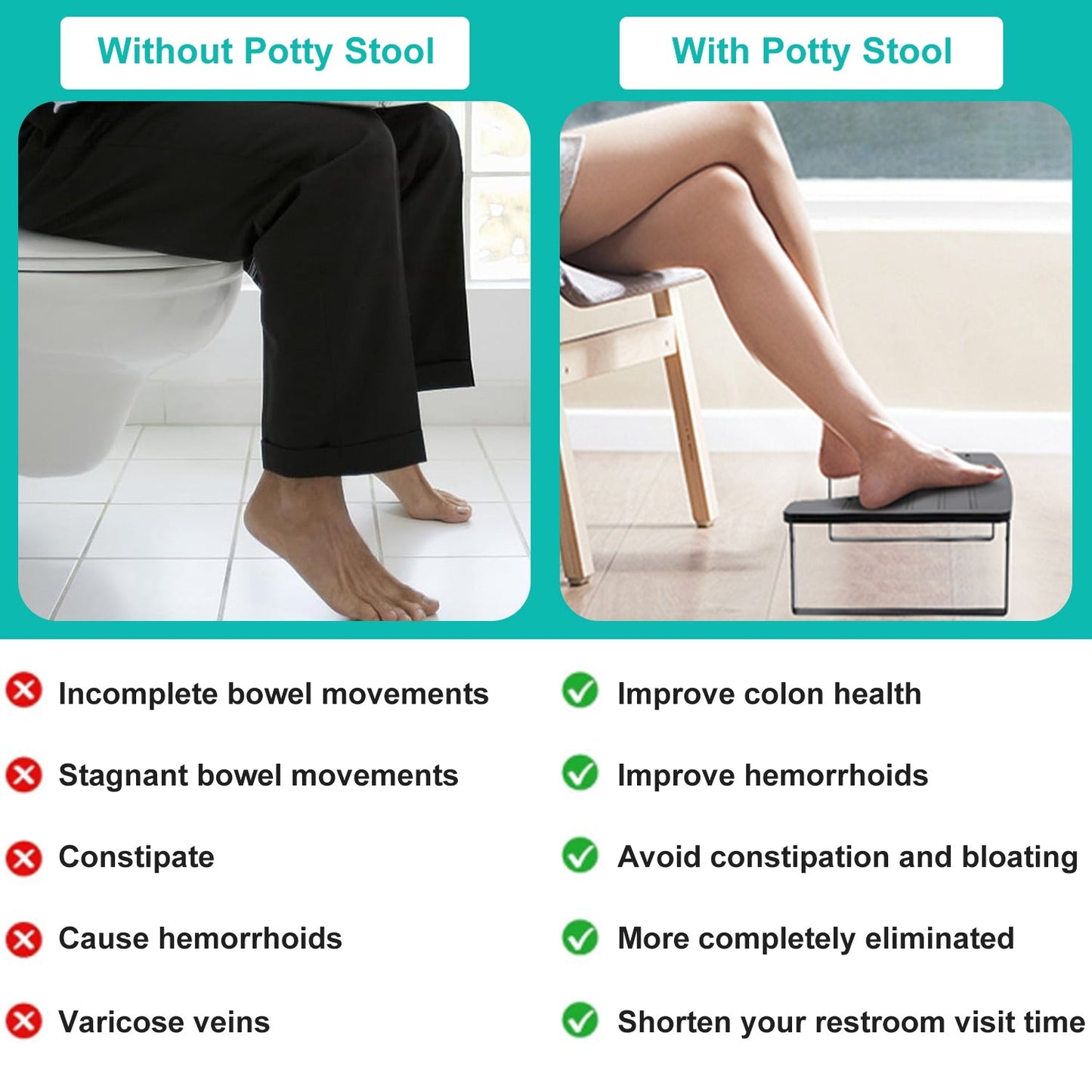 Comparison of using a potty stool versus not using one, showing improved health benefits.