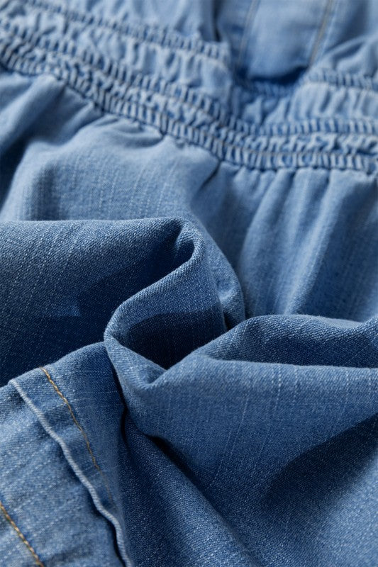 Denim mini dress gathered elastic waist and fabric folds, light blue